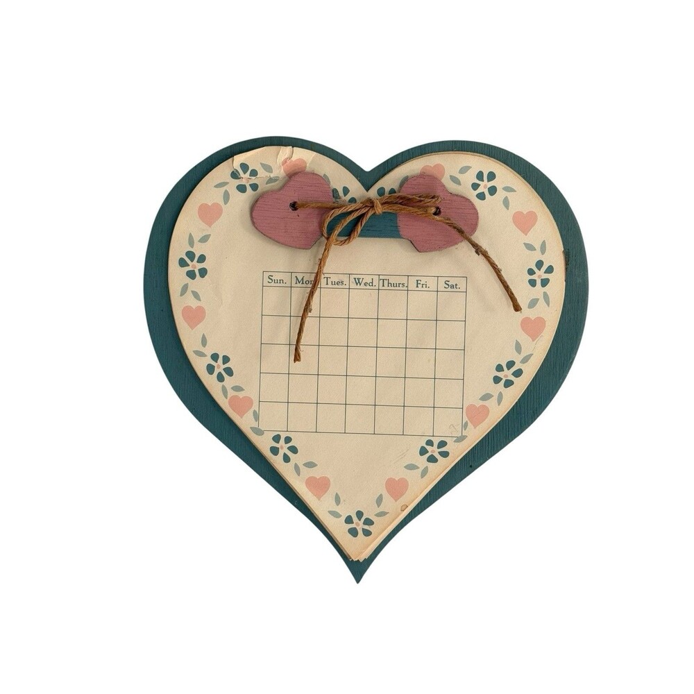 VTG French Country Cottagecore Heart Shaped Wall Calendar Board Pink & Blue